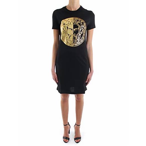 NEW VERSACE couture women gold logo t-shirt dress in black - Picture 6 of 8